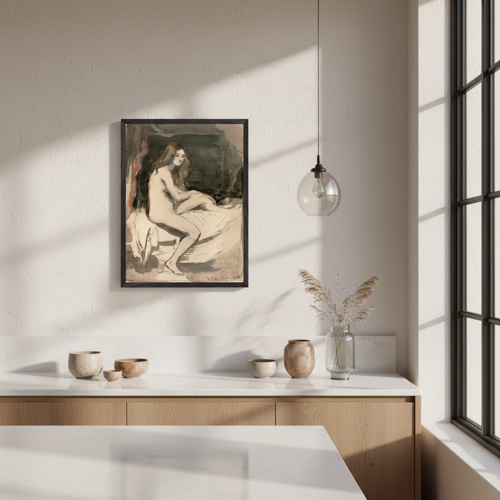 William Orpen seated female nude in a black frame above a kitchen counter with ceramic bowls
