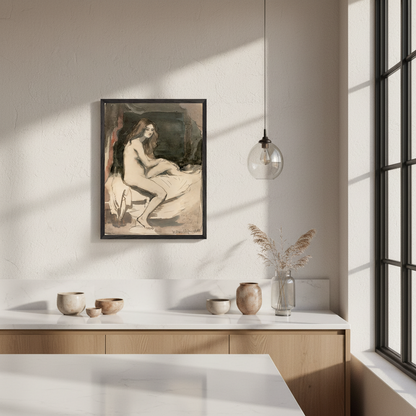William Orpen seated female nude in a black frame above a kitchen counter with ceramic bowls
