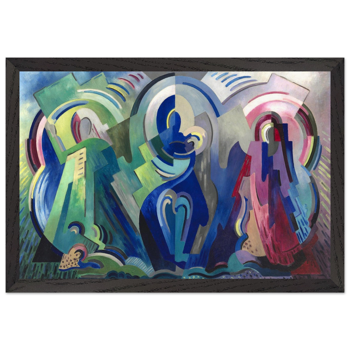 Mainie Jellett's The Virgin of Éire in a wide black frame, front view of the geometric Irish modernist painting