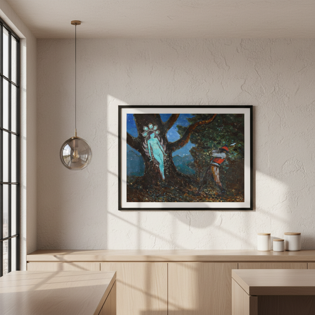 The Woodchopper and The Tree Spirit by George Russell (Æ) in a black frame with a white mat above a kitchen counter