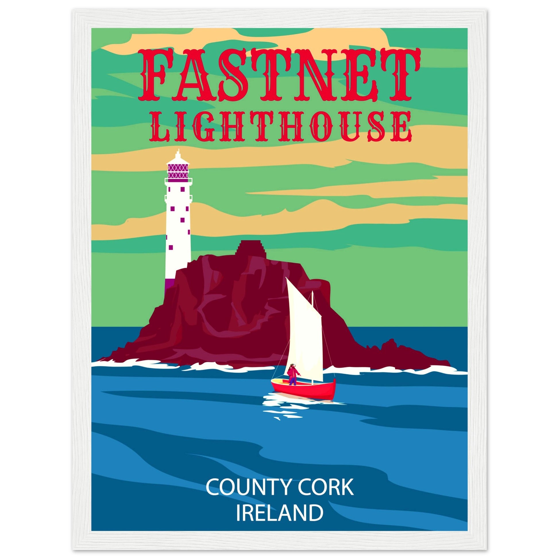 Fastnet Lighthouse County Cork Ireland Travel Retro Framed Art Print – detail view | Buy Irish Art