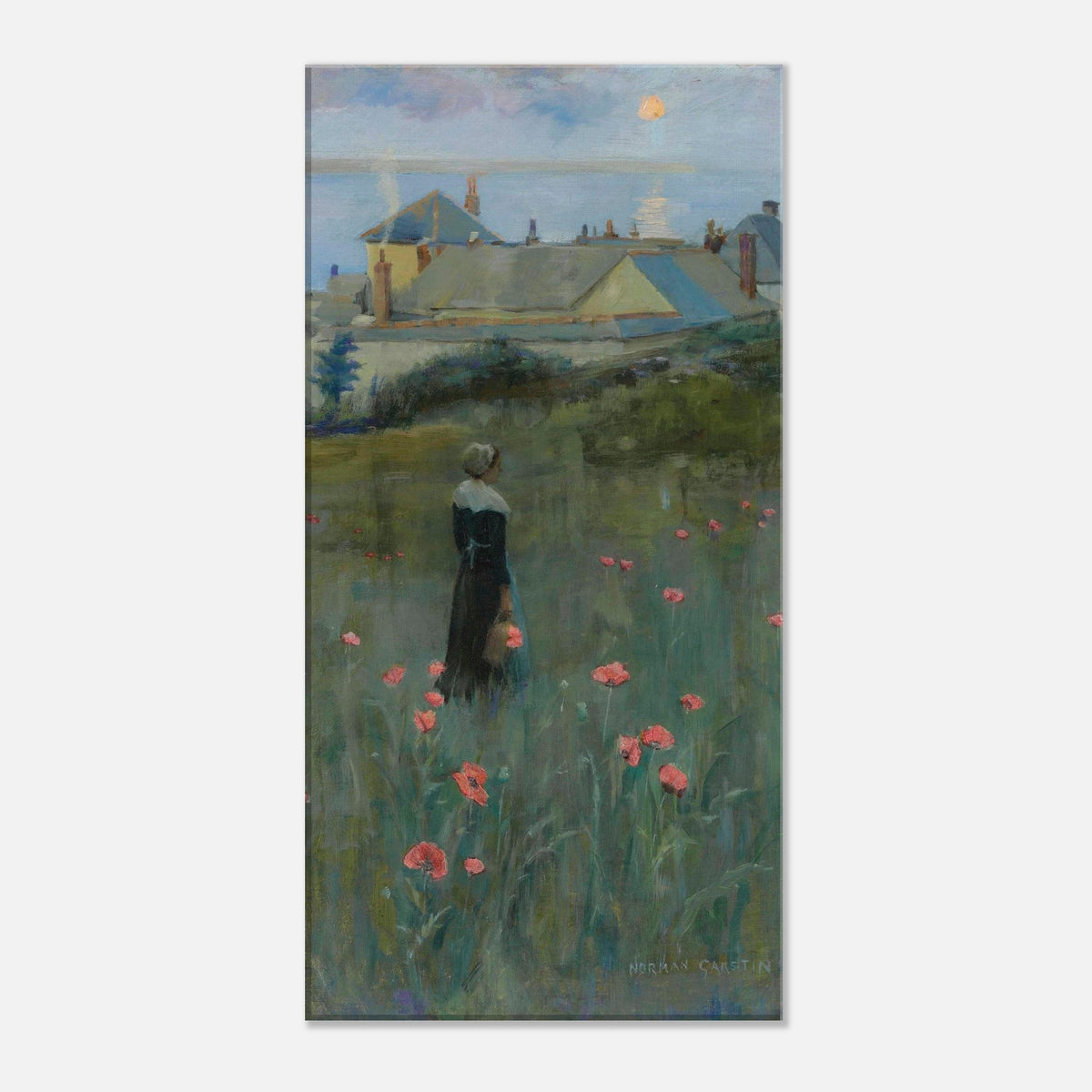 Poppies by Norman Garstin, woman in black standing in a poppy field below rooftops, canvas print