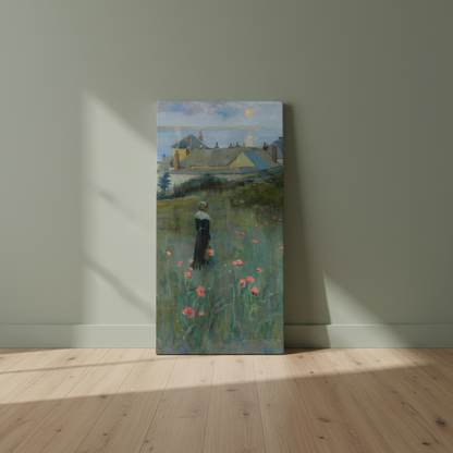 Poppies by Norman Garstin canvas print leaning against a sage green wall on a wooden floor
