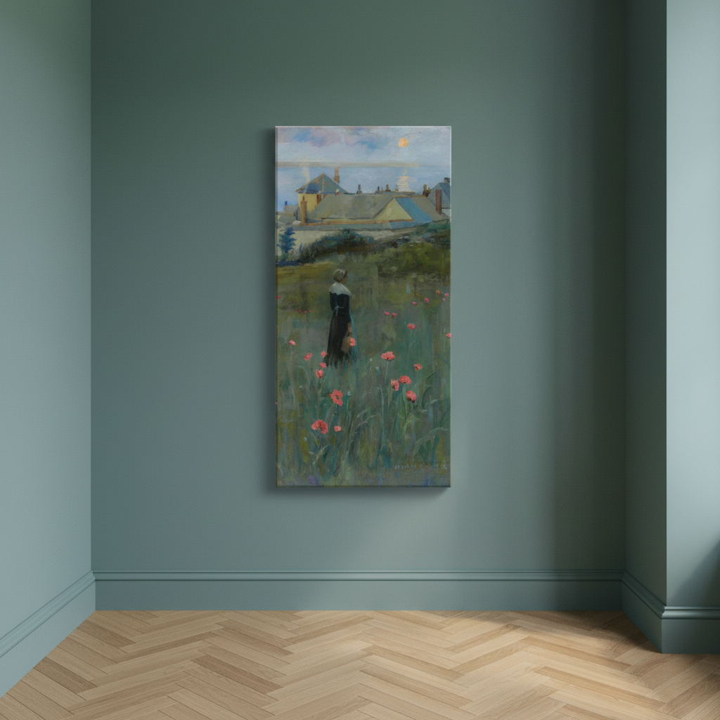 Poppies by Norman Garstin canvas on a teal wall in an empty room with a herringbone floor