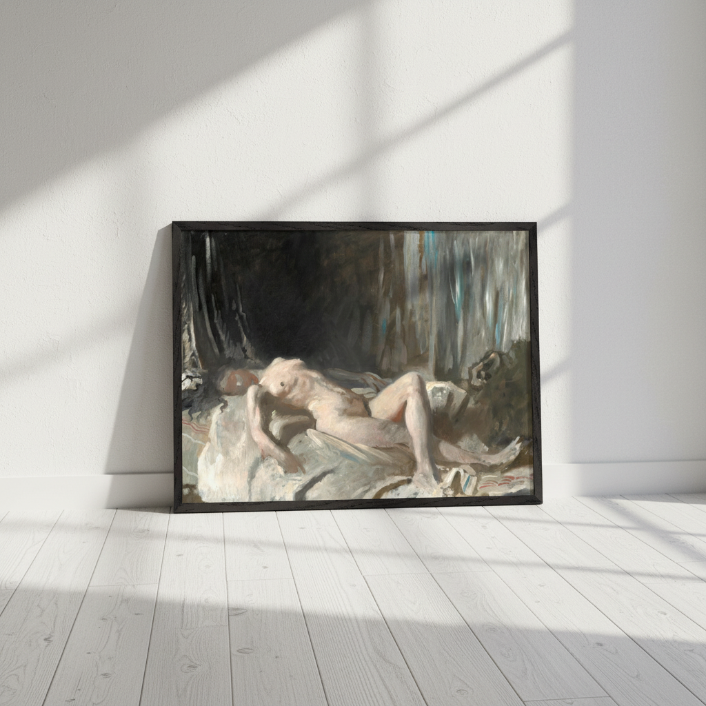 Reclining Female Figure by William Orpen in a black frame leaning against a white wall on a wooden floor