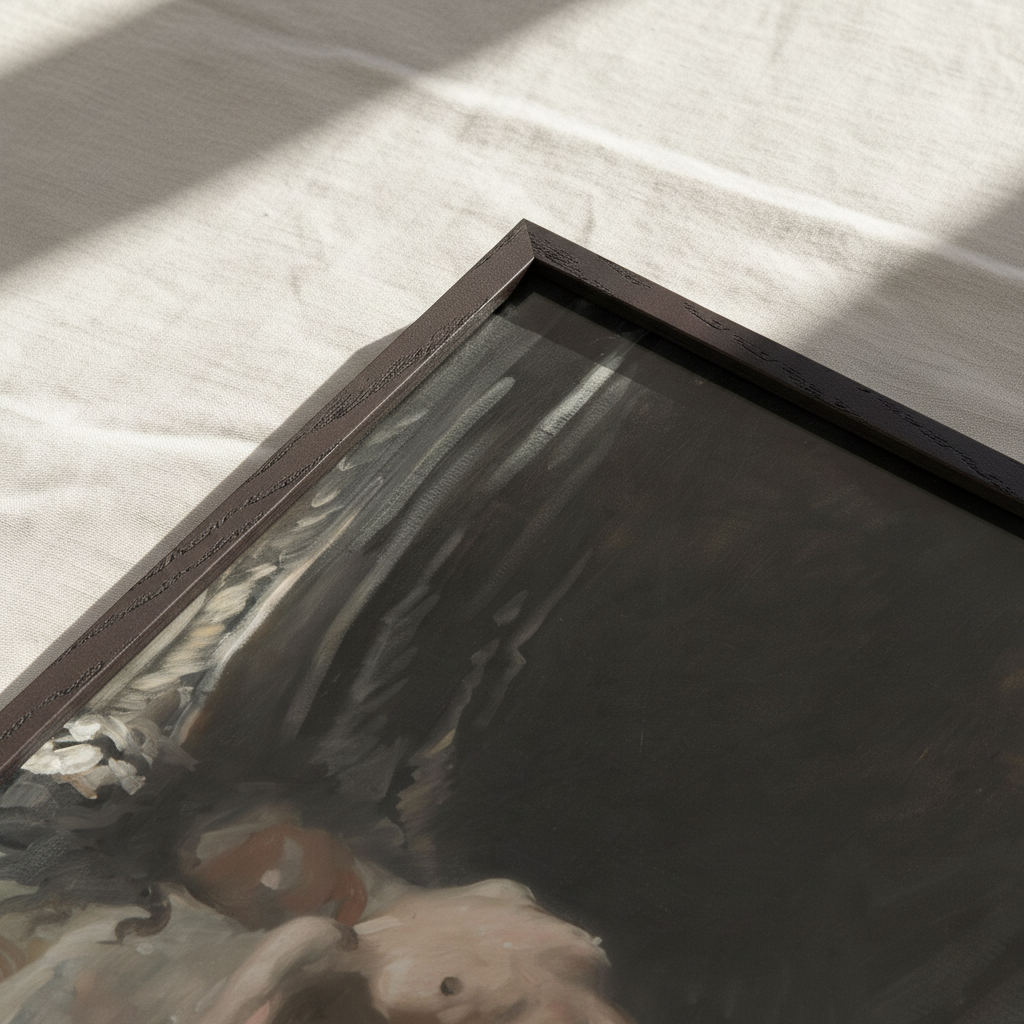 Detail of the black frame corner on the William Orpen Reclining Female Figure print