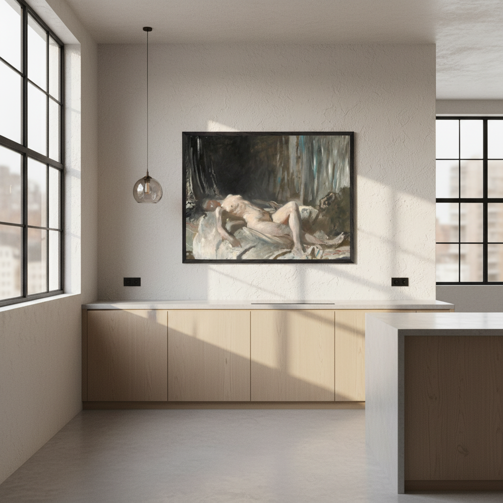 Reclining Female Figure by William Orpen in a black frame above a kitchen counter in a bright minimalist room
