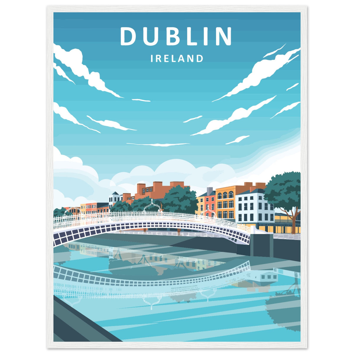 Dublin retro travel poster, footbridge and colourful quays, in a white frame