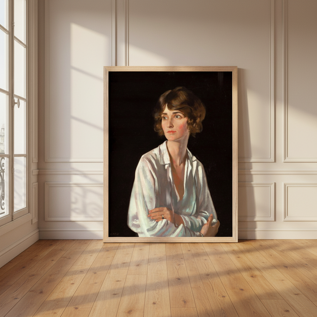 Portrait of Lady Marriott by William Orpen print in an oak frame leaning against a panelled white wall on a wooden floor