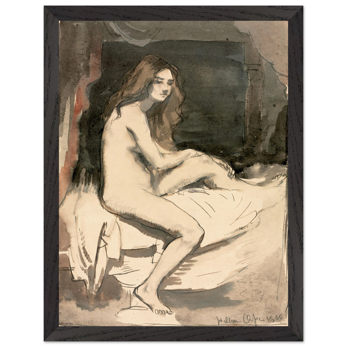 Seated female nude study by William Orpen, in a black frame