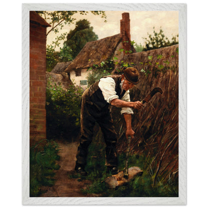 Preparing for Winter by Aloysius O'Kelly in a white frame, man with a sickle by a thatched cottage