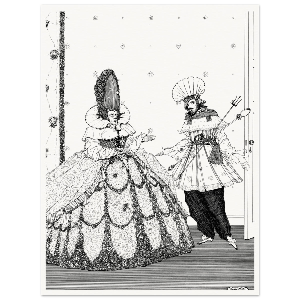 Harry Clarke's Sleeping Beauty ink illustration of a lady in a vast crinoline gown and a cook, unframed