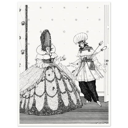 Harry Clarke's Sleeping Beauty ink illustration of a lady in a vast crinoline gown and a cook, unframed
