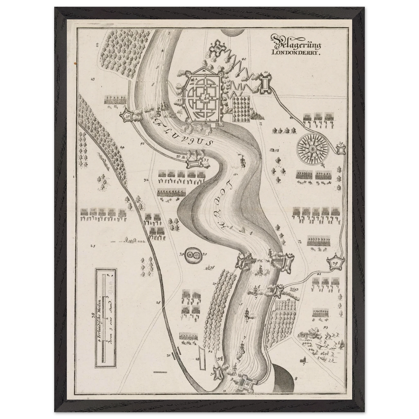 The Siege of Derry 1689 print framed in black, Irish historical wall art