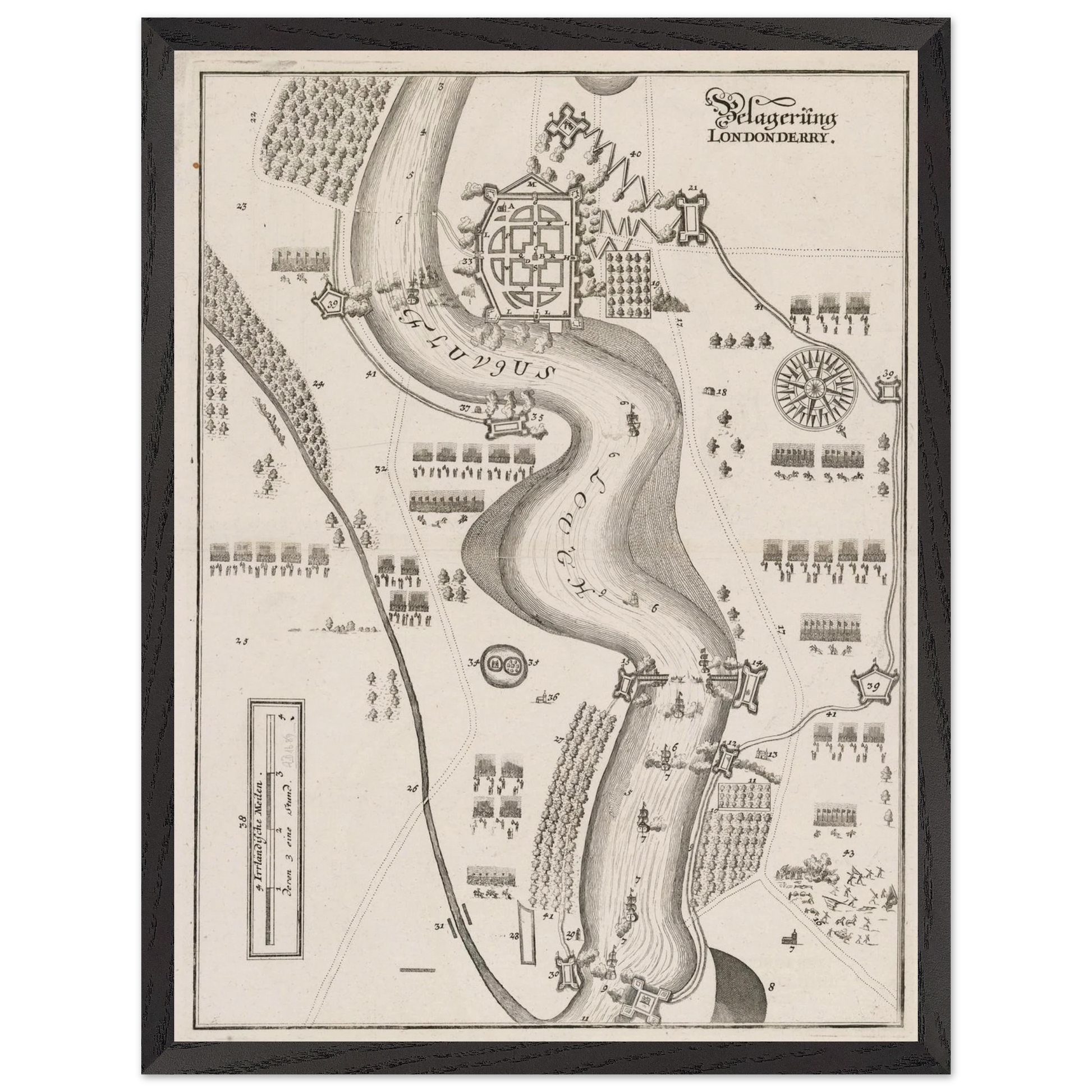 The Siege of Derry 1689 print framed in black, Irish historical wall art
