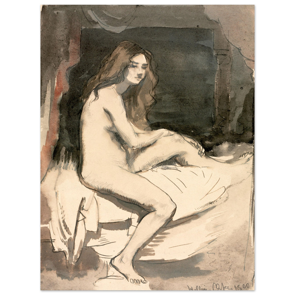 Seated female nude study by William Orpen, unframed print