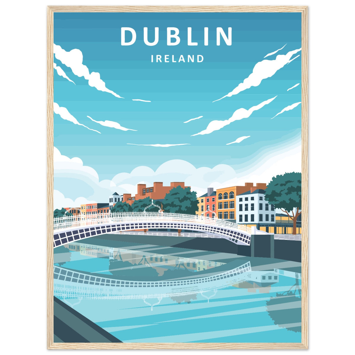 Dublin retro travel poster, footbridge and colourful quays, in a light oak frame, alternate size