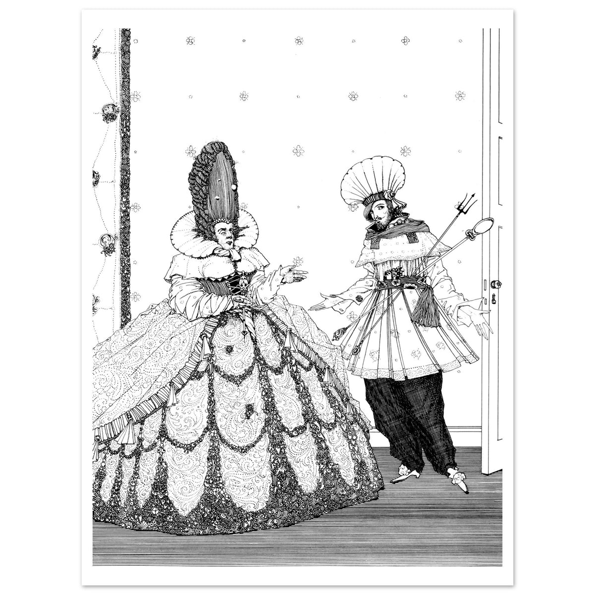 Harry Clarke Sleeping Beauty print, unframed, showing the full black and white drawing
