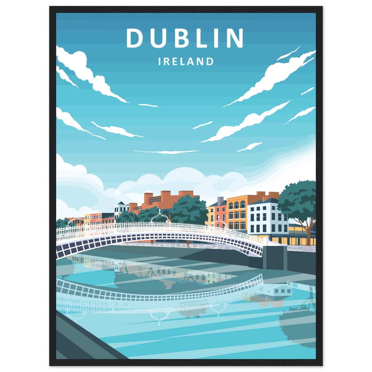 Dublin retro travel poster, footbridge and colourful quays, in a black frame, alternate size