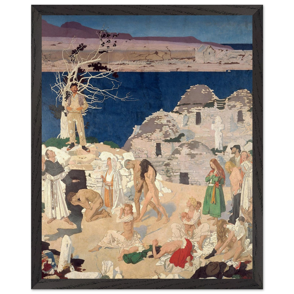 The Holy Well by William Orpen in a black frame, figure by a bare tree above bathing pilgrims