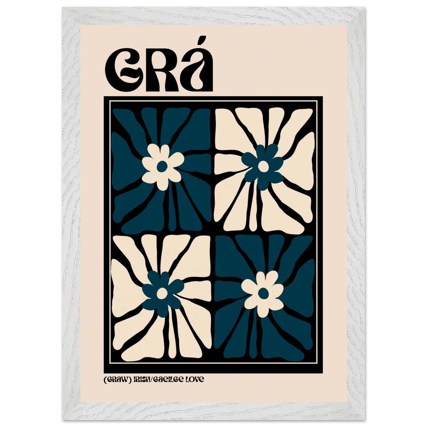 Grá Irish language love print — navy and cream floral design for modern interiors