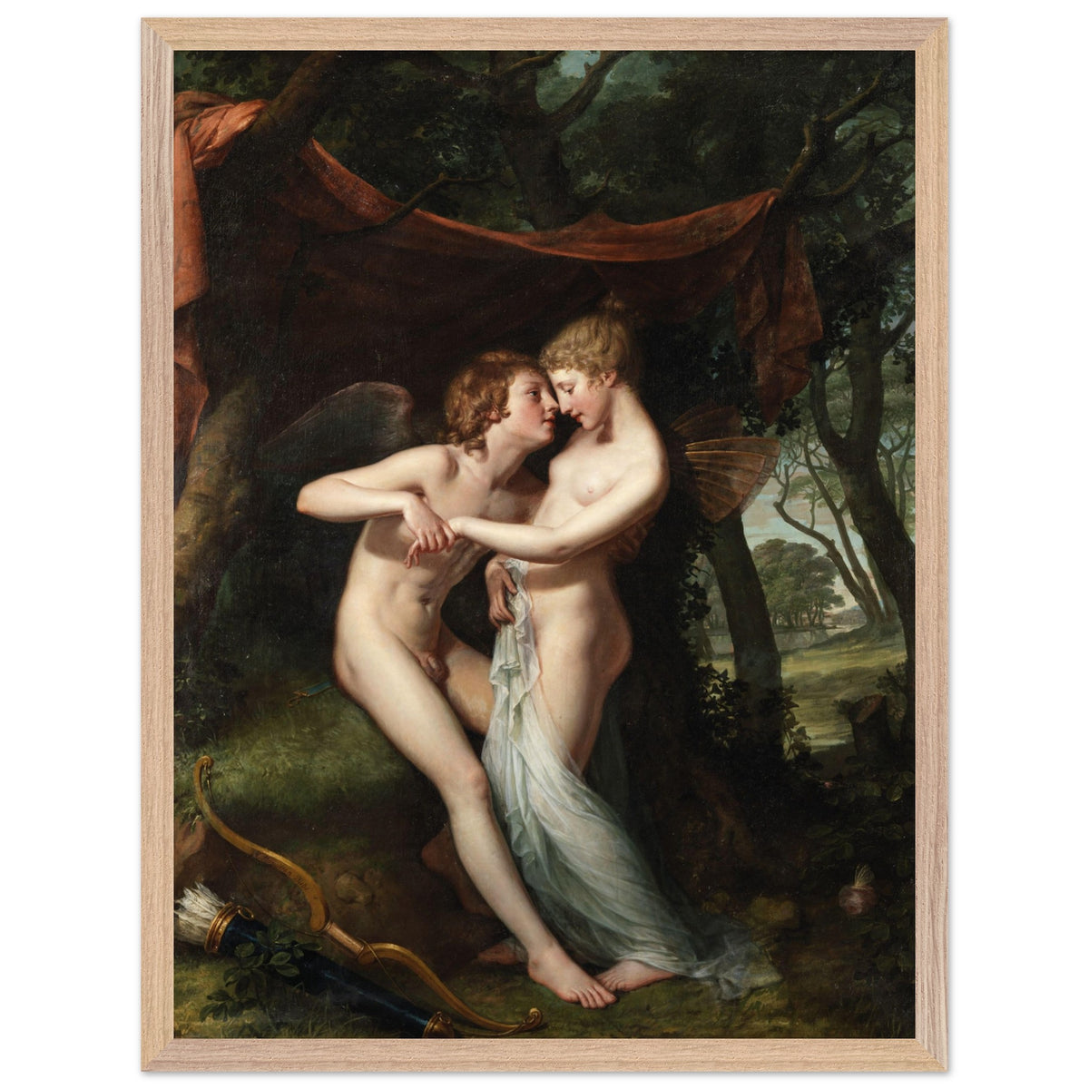 Hugh Douglas Hamilton Cupid and Psyche print in a light oak frame, straight-on
