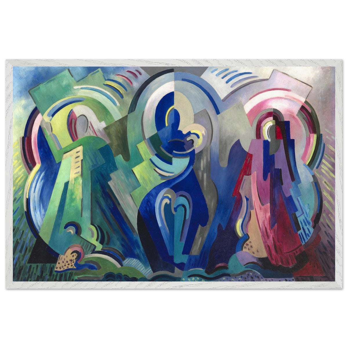 The Virgin of Éire by Mainie Jellett in a white frame, straight-on view of the abstract religious painting