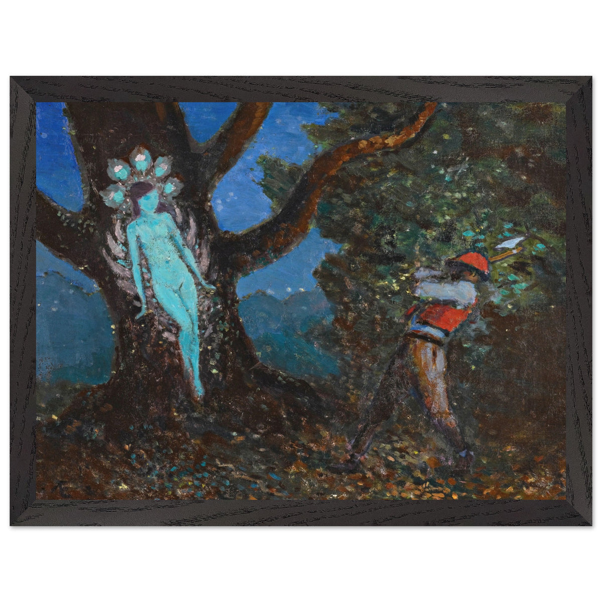 The Woodchopper and The Tree Spirit by George Russell (Æ) in a black frame, glowing tree spirit and woodcutter