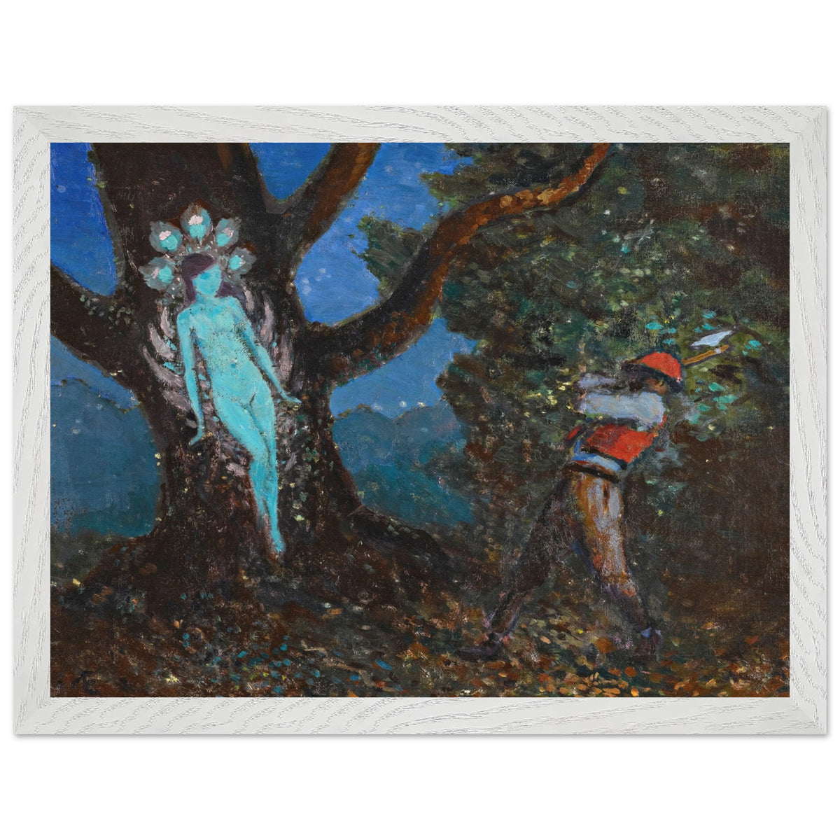 The Woodchopper and The Tree Spirit by George Russell (Æ) in a white frame, glowing tree spirit and woodcutter
