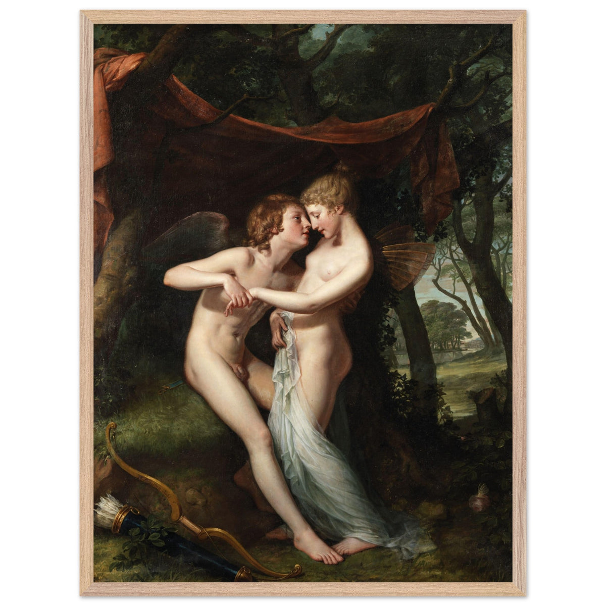 Cupid and Psyche by Hugh Douglas Hamilton in a pale wood frame on a white background