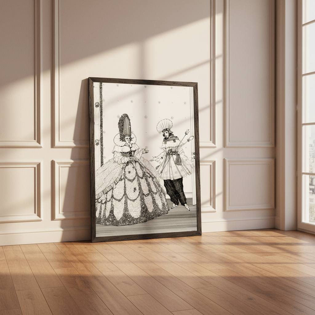 Harry Clarke Sleeping Beauty print in a dark frame leaning in a panelled room with a wooden floor