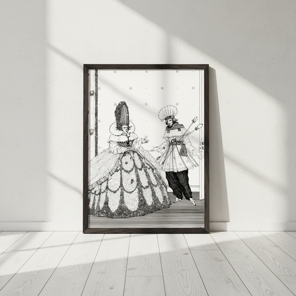 Harry Clarke Sleeping Beauty illustration in a dark wood frame leaning against a sunlit white wall
