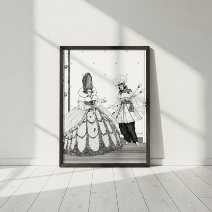 Harry Clarke Sleeping Beauty illustration in a dark wood frame leaning against a sunlit white wall