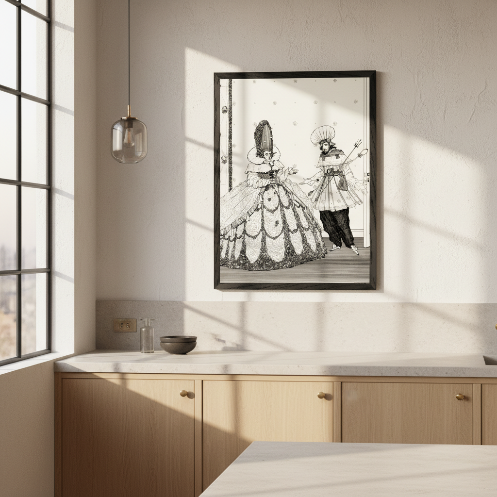 Sleeping Beauty by Harry Clarke framed print in a black frame above oak kitchen cabinets