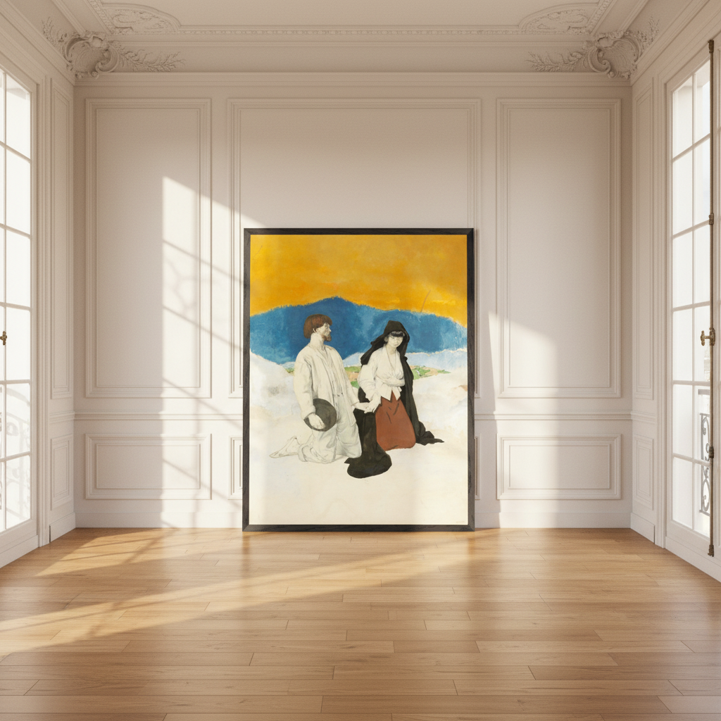 Study for The Western Wedding by William Orpen framed print in a black frame on the floor of a panelled room