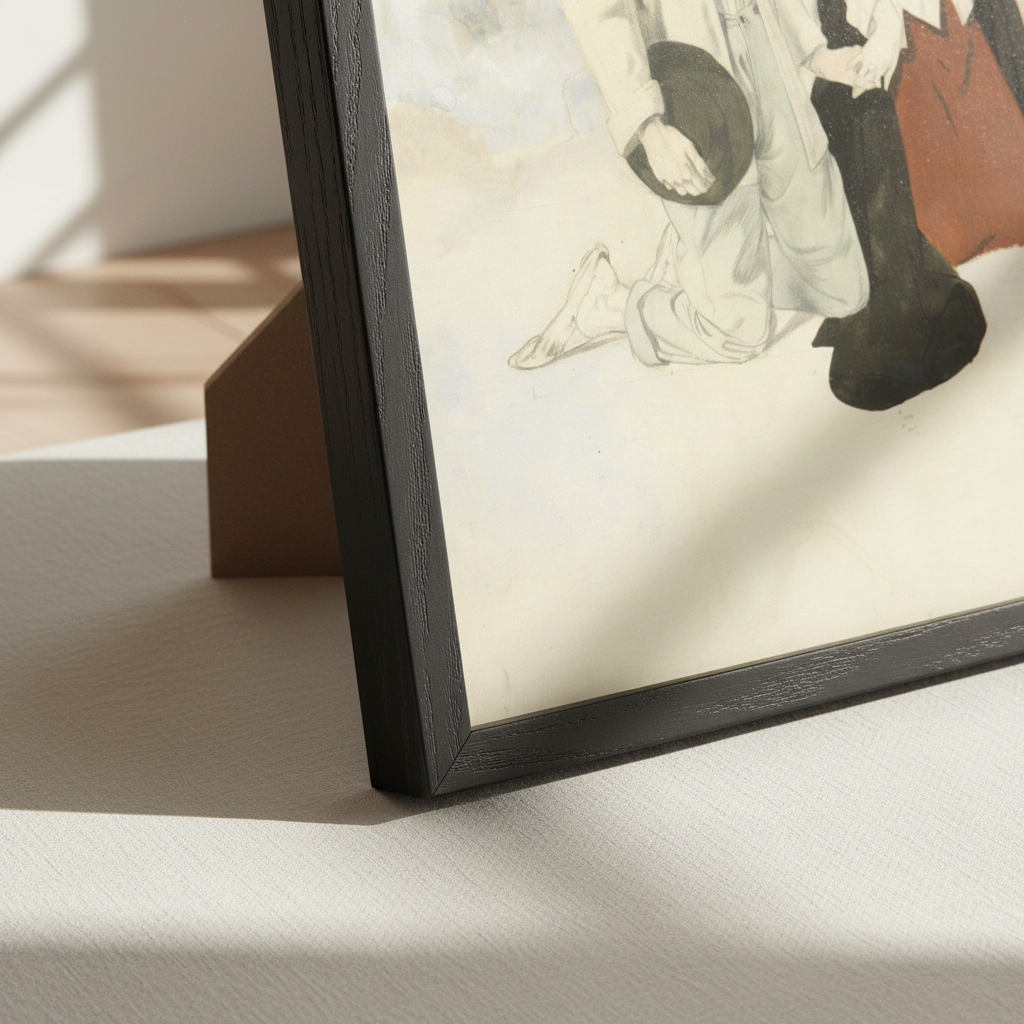Detail of a black frame corner on a William Orpen Western Wedding print showing the kneeling couple