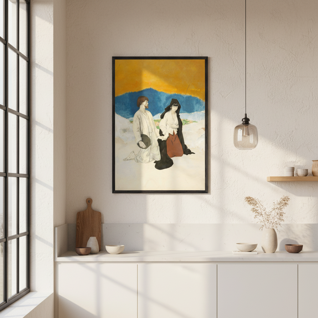 William Orpen Western Wedding framed print in a black frame on a kitchen wall beside a window