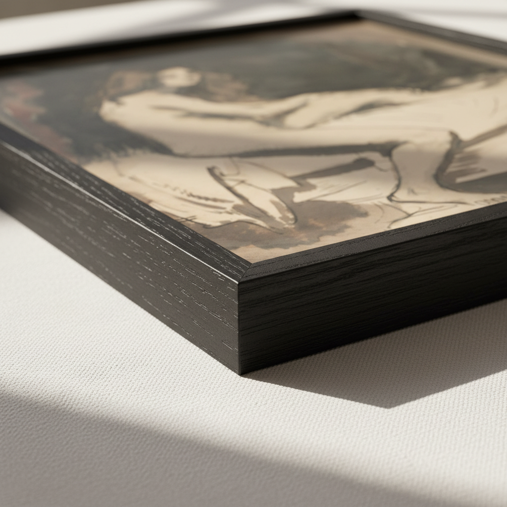 Detail of the William Orpen female nude print showing the edge of the black wooden frame