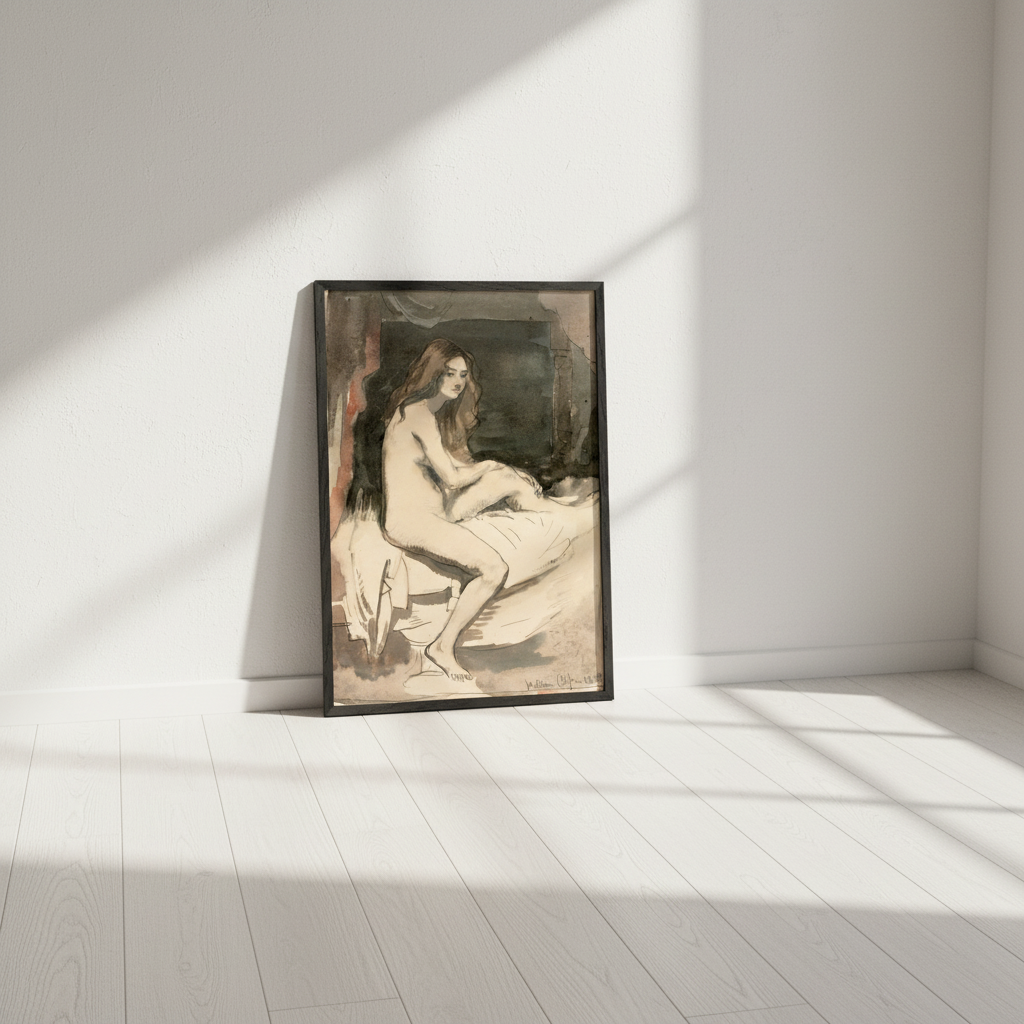 William Orpen seated female nude in a black frame leaning on the floor of a bright white room