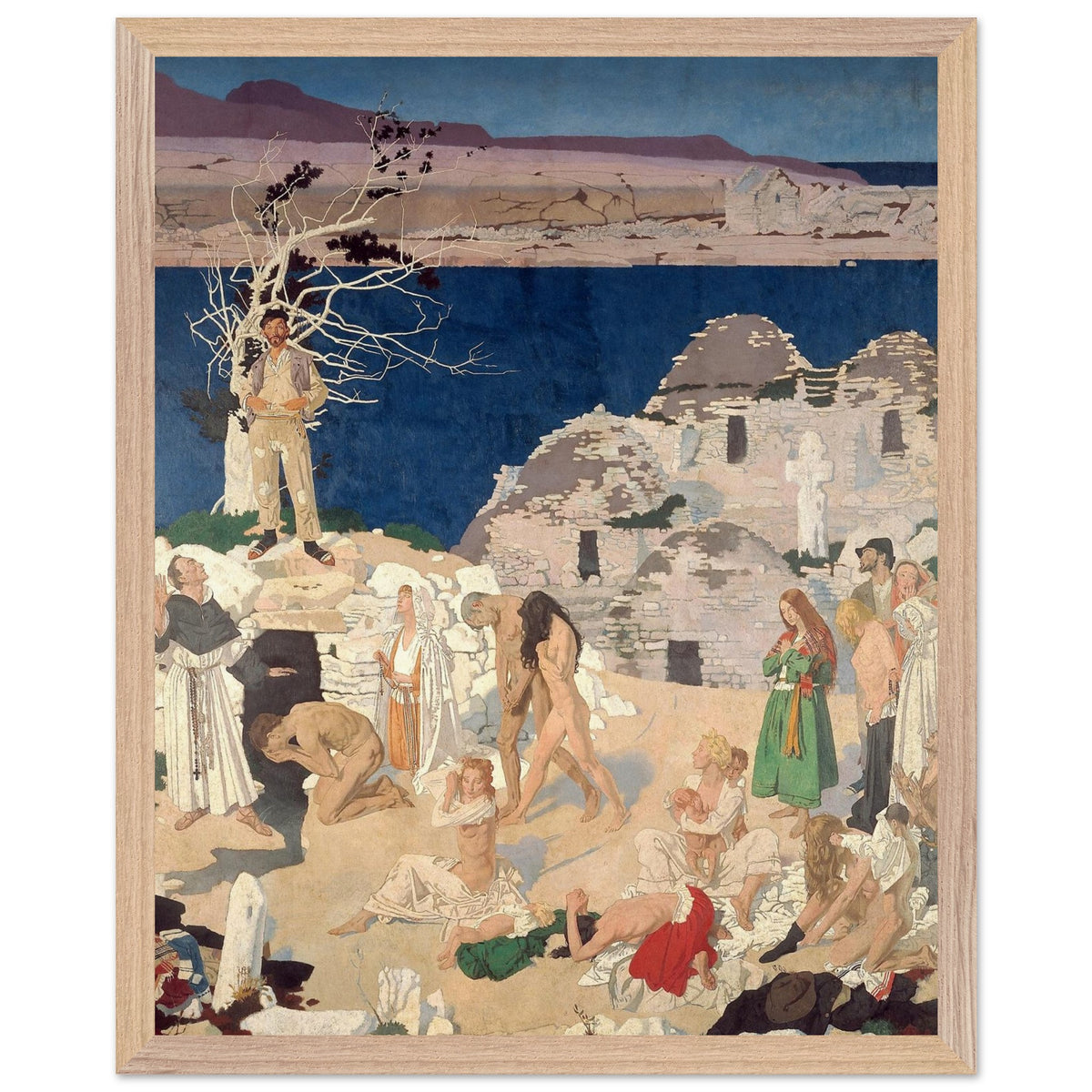 The Holy Well by William Orpen in an oak frame, figure by a bare tree above bathing pilgrims