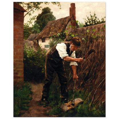 Preparing for Winter by Aloysius O'Kelly unframed print, man with a sickle by a thatched cottage