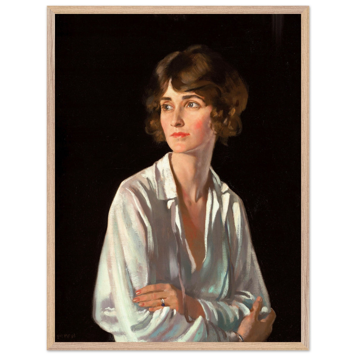Portrait of Lady Marriott by William Orpen print in a pale natural wood frame