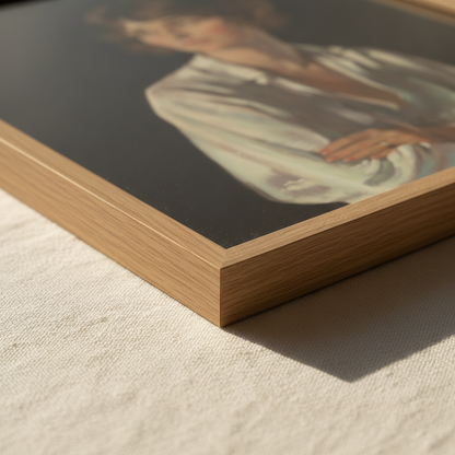 Detail of the oak frame edge on the Lady Marriott by William Orpen portrait print resting on linen