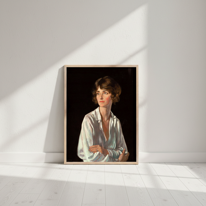 Lady Marriott by William Orpen print in a thin oak frame leaning on a white wall with diagonal shadows