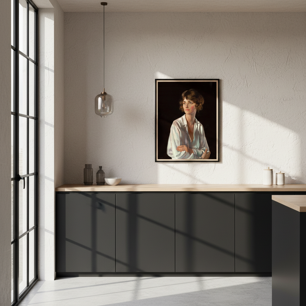Lady Marriott by William Orpen portrait print in a black frame hanging above a dark kitchen counter