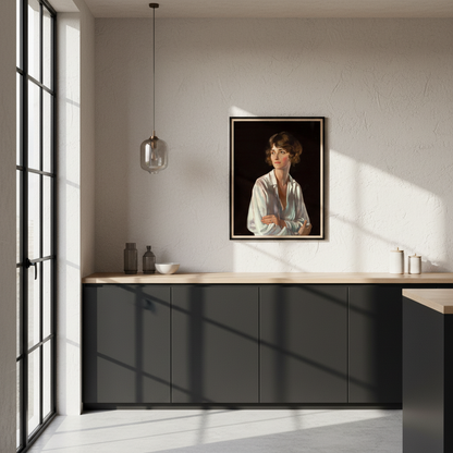 Lady Marriott by William Orpen portrait print in a black frame hanging above a dark kitchen counter
