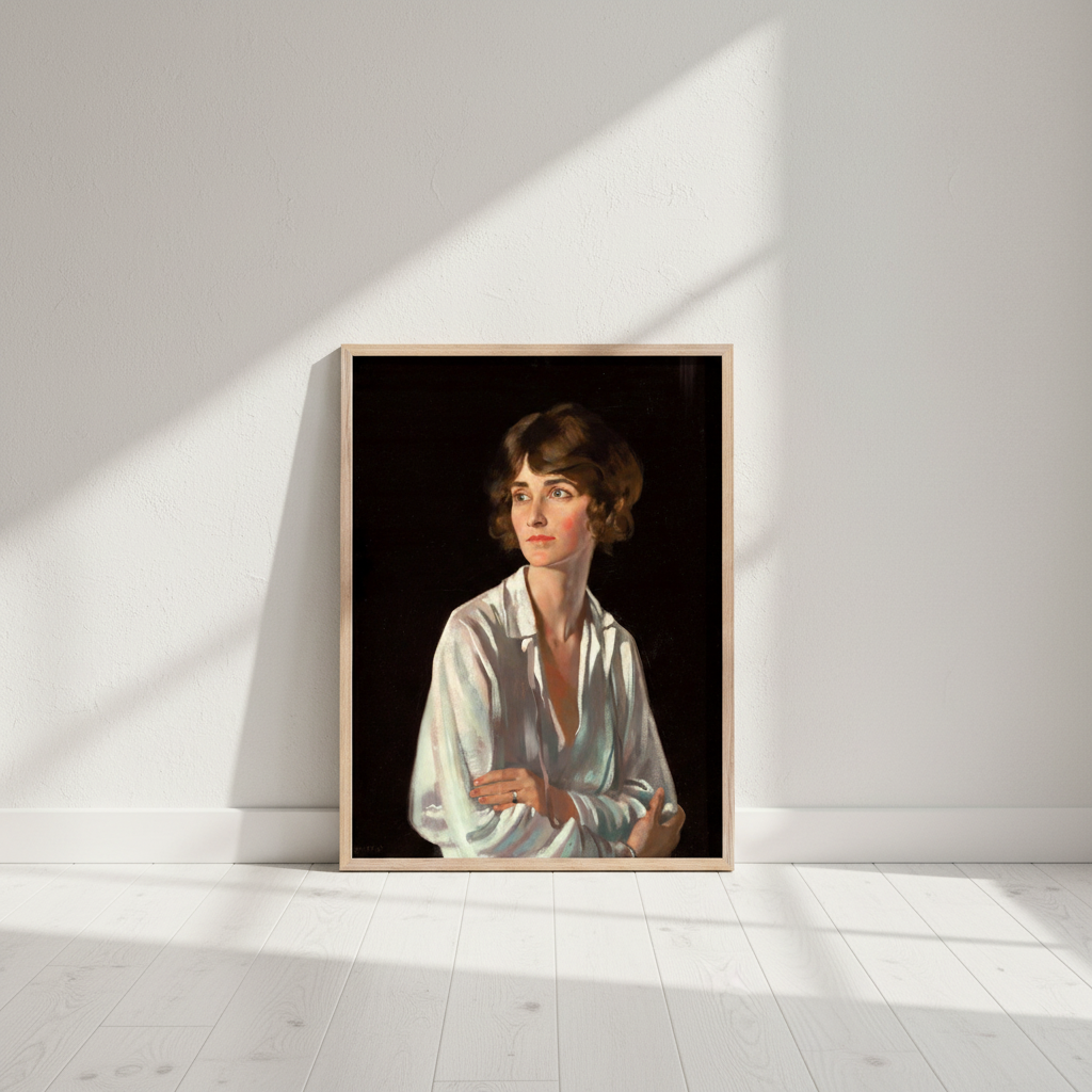 Lady Marriott by William Orpen print in a slim oak frame on a pale floor in a sunlit white room