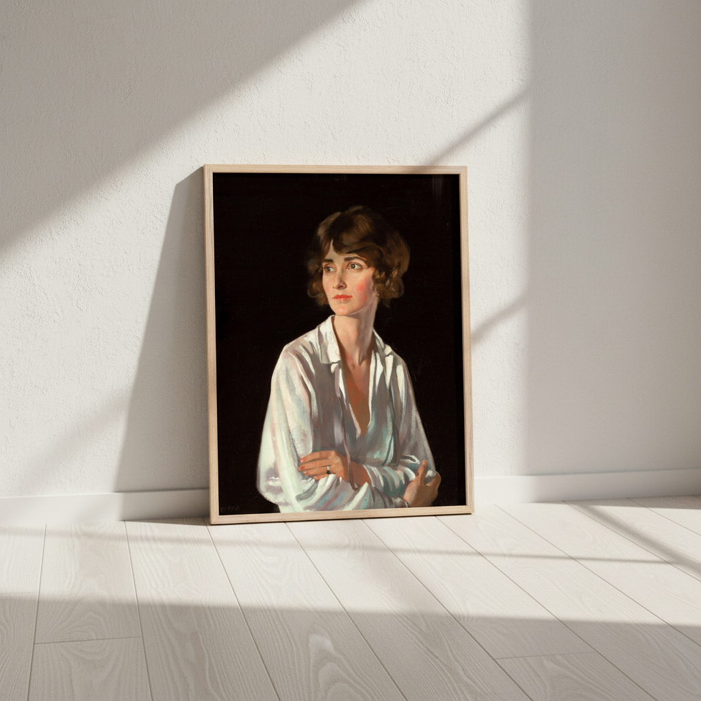 Lady Marriott by William Orpen print in a thin black frame leaning against a white wall in sunlight