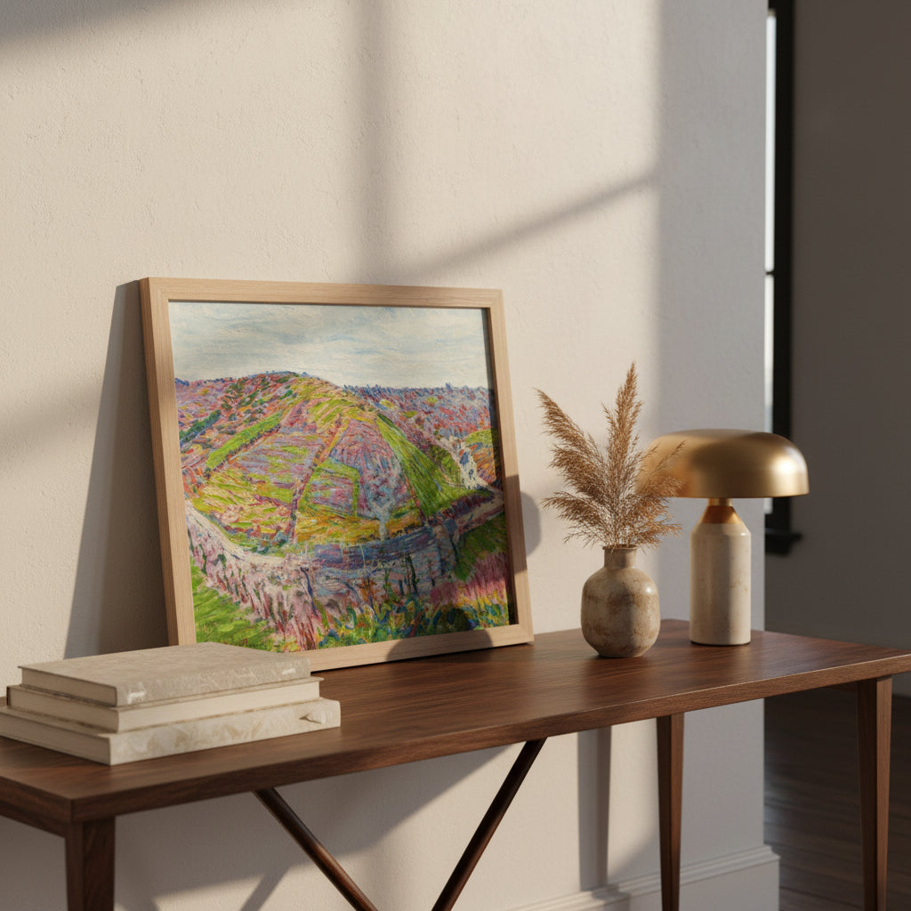 A3 framed Irish art print of Paysage, Pont Aven (1892) leaning on a console table against a warm off-white wall, styled with art books, a stoneware vase and a small lamp, cosy evening light, focus on print as a statement piece in a hallway or study.