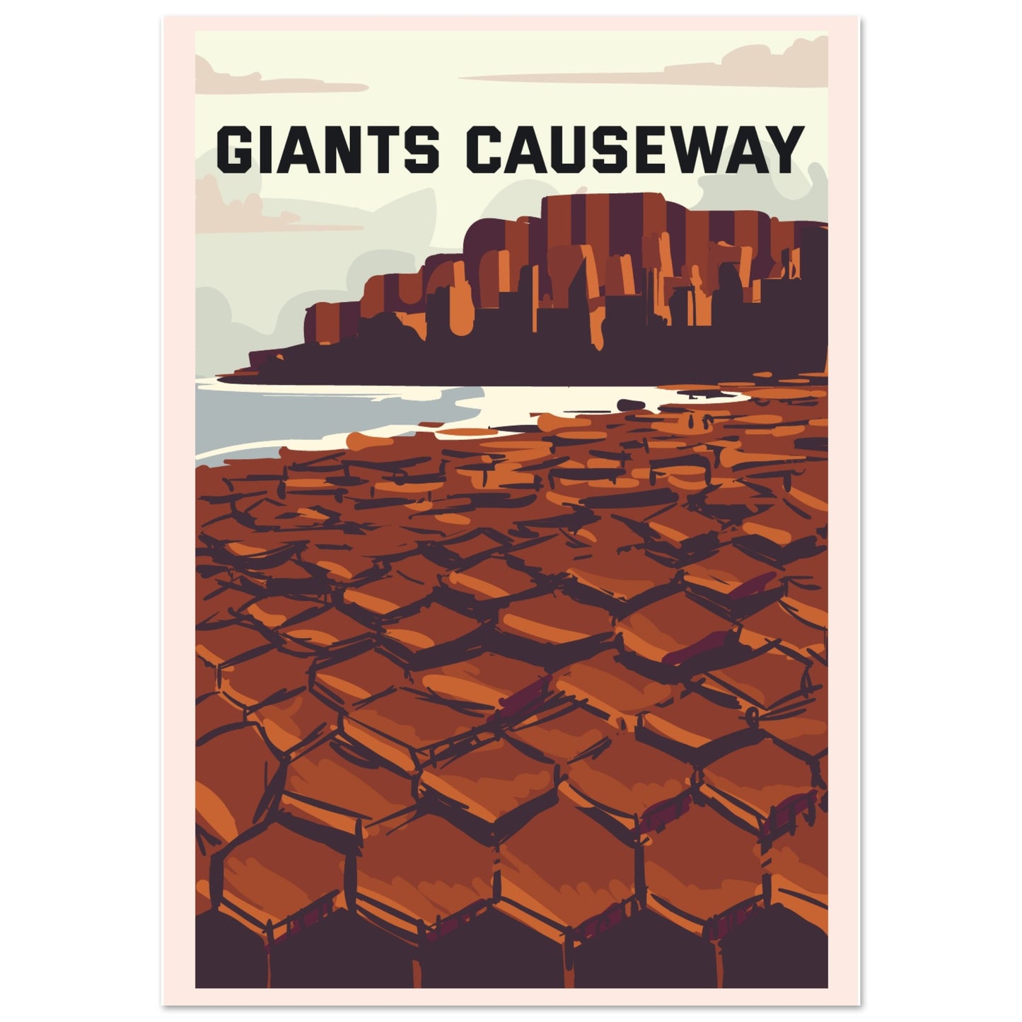 A4 print of vintage Giant’s Causeway travel poster featuring basalt columns and Irish coastal scenery.